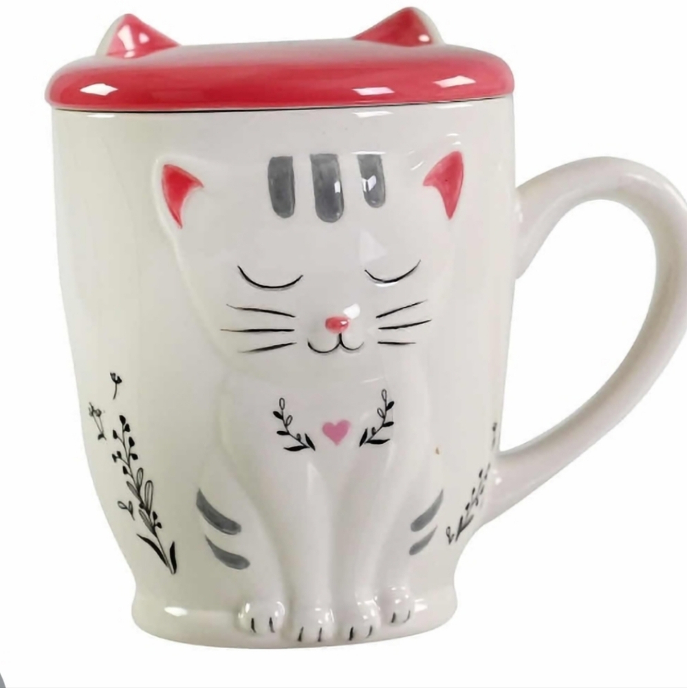 Adorable 3D White/Pink Ceramic Cat Mug with Detachable Lid 16oz